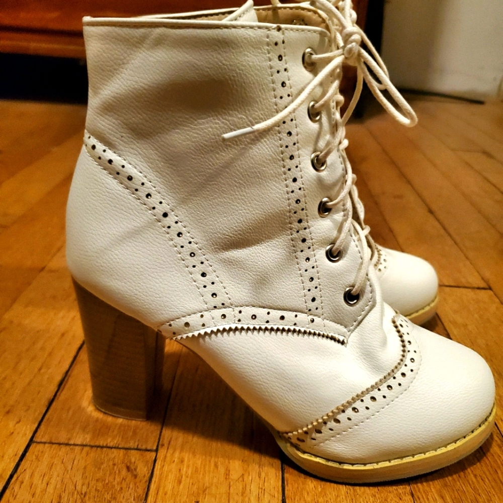 White lolita style chunky lace up ankle boots